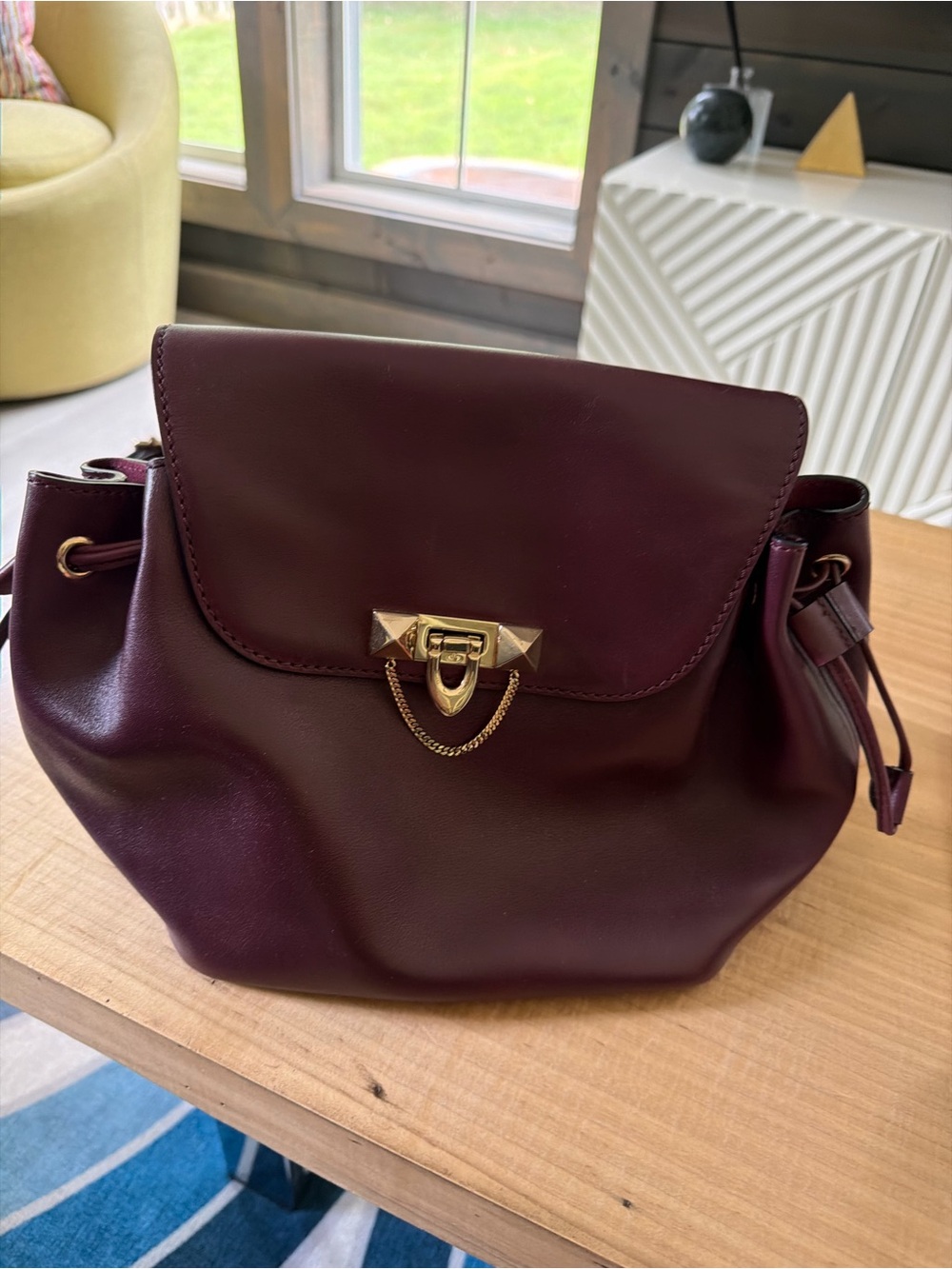 Valentino Garavani Burgundy Leather Drawstring Shoulder Bag with Gold Hardware
